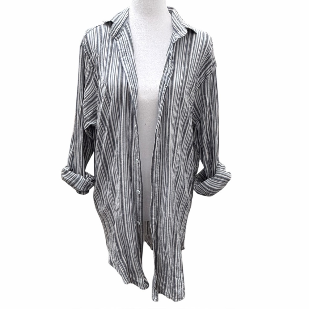 100% Cotton Striped Button Front Tunic Shirt Cover Up Top Blue Gray Beach Small